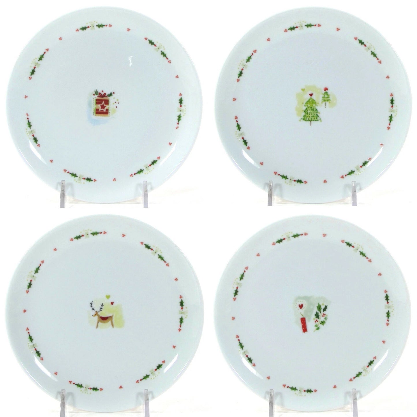 NIB Boston Warehouse HAPPY HOLIDAYS 6.5" Desset Plate Set 4P Porcelain Christmas