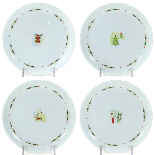 NIB Boston Warehouse HAPPY HOLIDAYS 6.5" Desset Plate Set 4P Porcelain Christmas