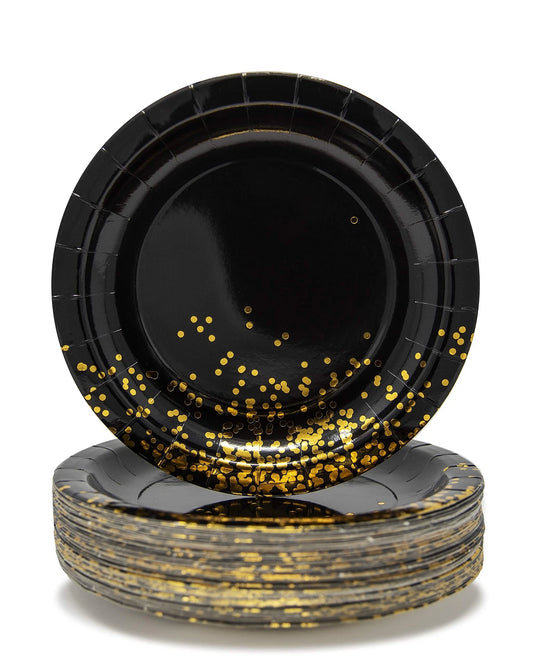 50 Count Black Plates 9 Inch Black Gold Paper Plates 21st Birthday Graduation
