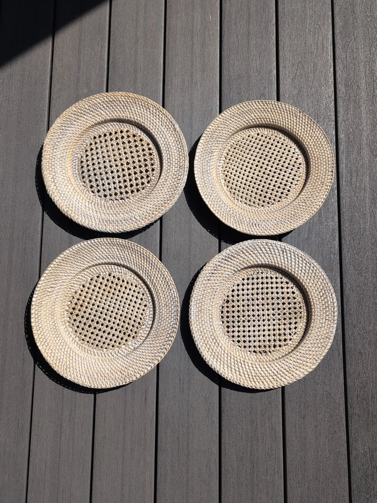Rattan Whitewashed Plate Chargers Set Of 4 New