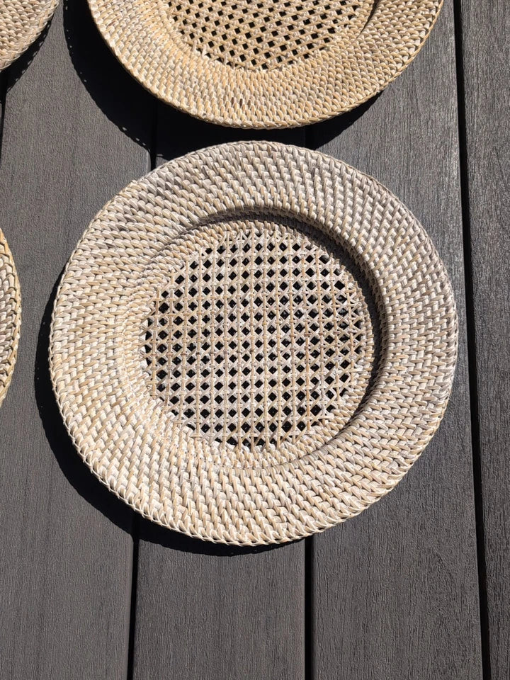 Rattan Whitewashed Plate Chargers Set Of 4 New